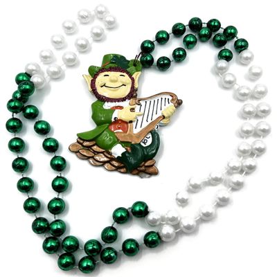 IRISH Leprechaun Playing Lire Harp Mardi Gras Bead Necklace Ireland Favor Parade