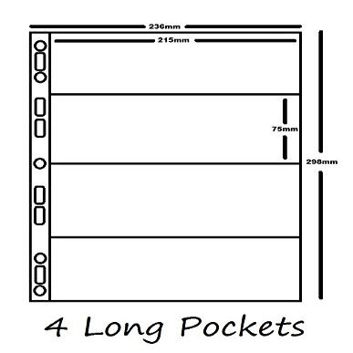 10 x A4 Collector Album Pages - Acid Free - Banknotes - 4 Long Pockets