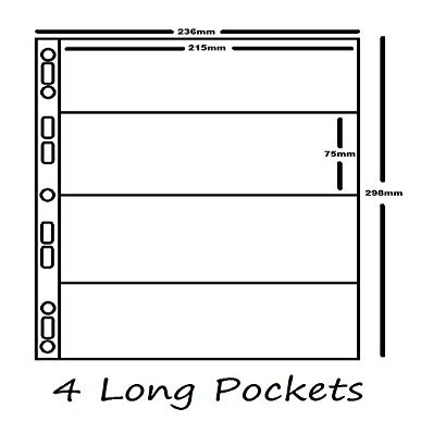 10 x A4 Collector Album Pages - Acid Free - Banknotes - 4 Long Pockets