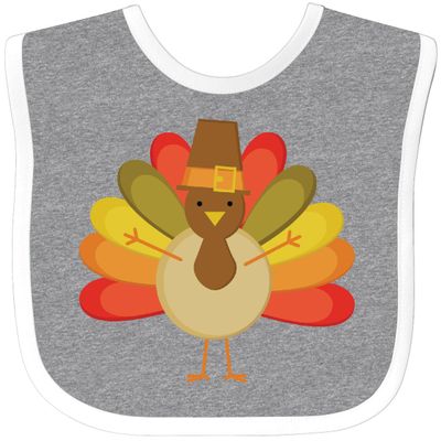 inktastic Thanksgiving Pilgrim Turkey Holiday Baby Bib Heather and White Dd49