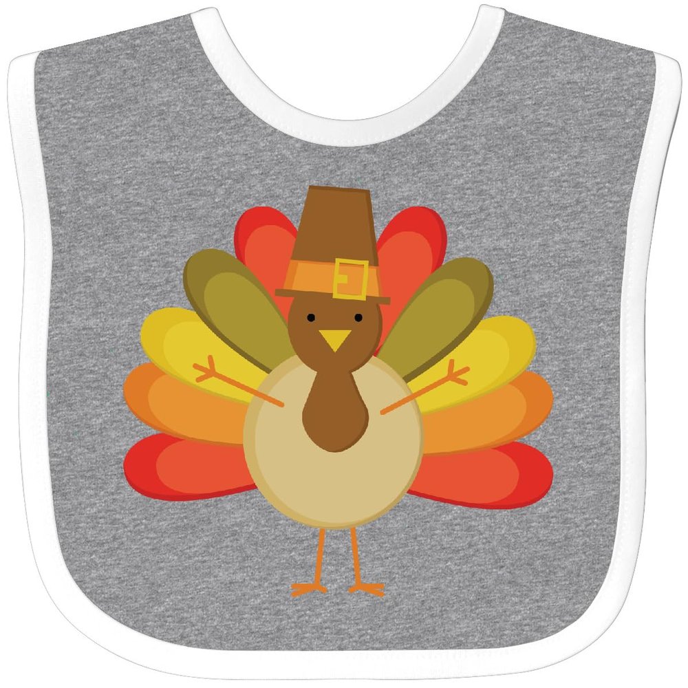 inktastic Thanksgiving Pilgrim Turkey Holiday Baby Bib Heather and White Dd49