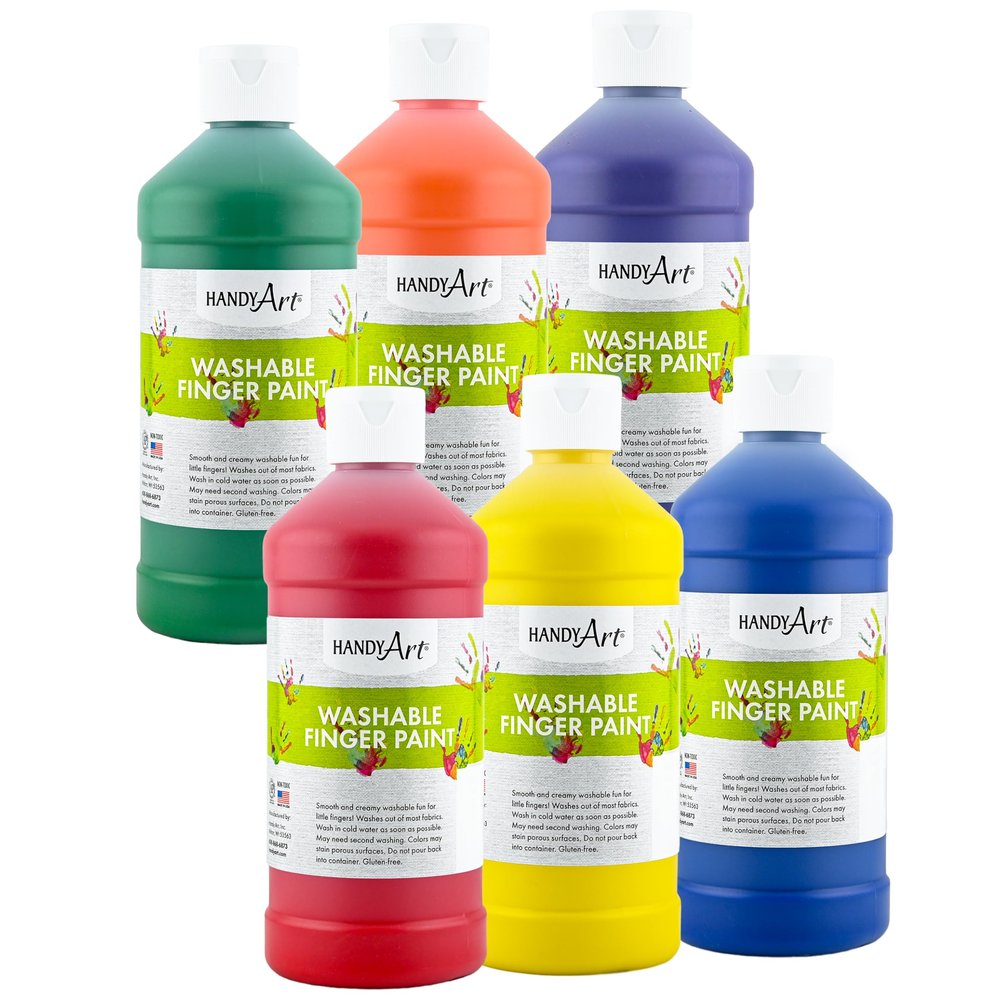 Handy Art Washable Finger Paint, Set of 6 Primary Colors, 16 oz Bottles