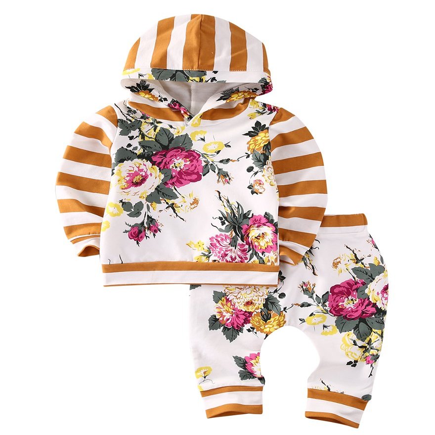 2pcs Girls Hooded Sweatshirt Tops Floral Pants Baby Take Home Outfits Costume (6-12 Months, Yellow)