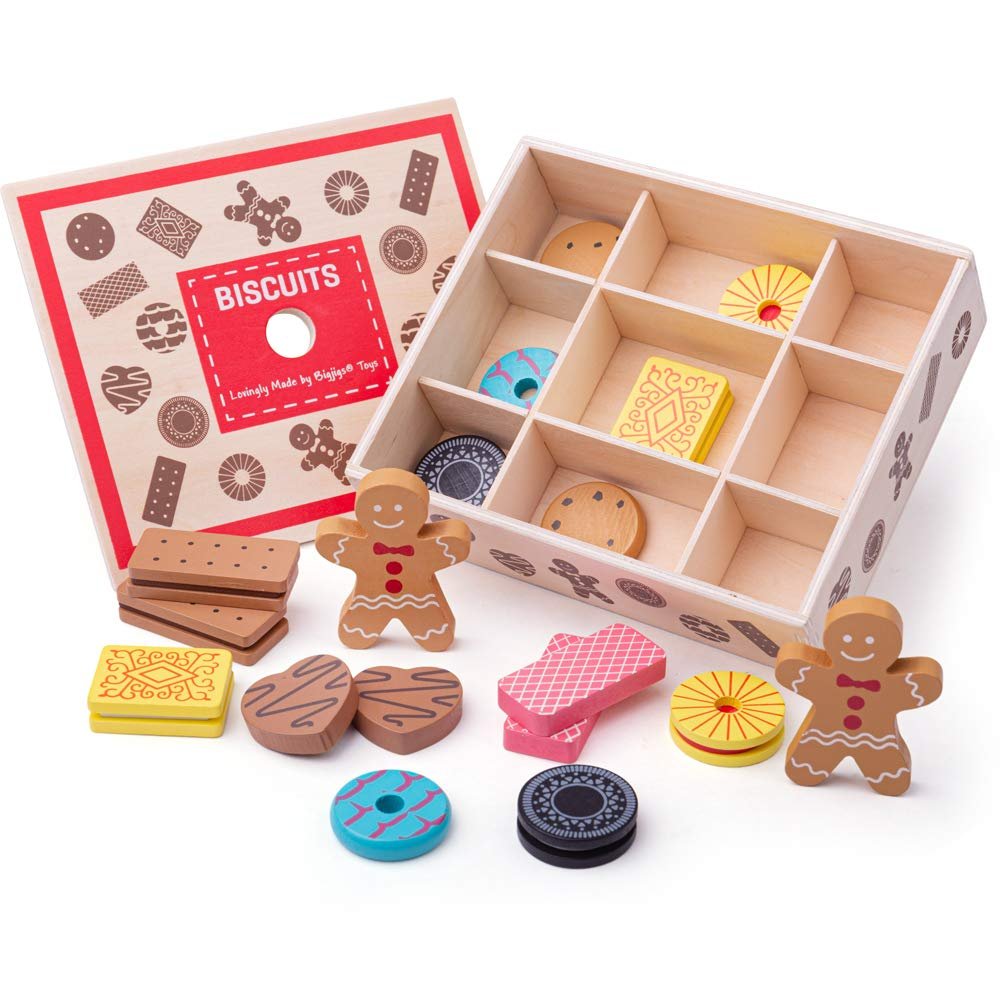 Bigjigs Toys Wooden Biscuit Box | Food Pretend Play Accessories for Kids Kitchen Sets | Great for Tea Party & Cafe Role Playing Games | Toddler Gift for 3+ Year Old Children | Educational Playset