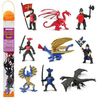 Safari Ltd Knights & Dragons TOOB - 9 Mini Figurines with Knights, Drake, Tiamat, Wyvern, and Peluda Dragon - Toy Figures for Boys, Girls & Kids Ages 3+