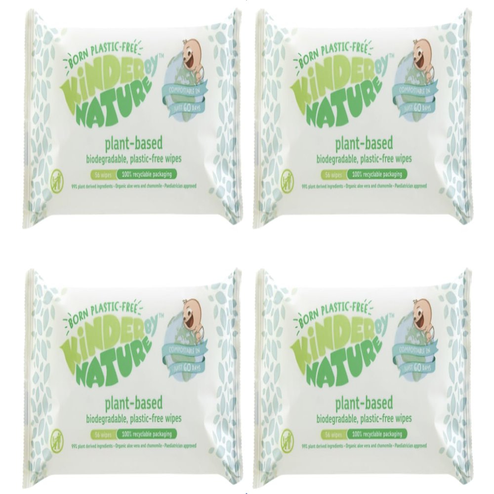 Kinder by Nature Plant Based Baby Wipes - 100% Biodegradable & Compostable, 224 Count (4 Packs of 56) - 99% Plant-Based Ingredients, Plastic-Free Wipes