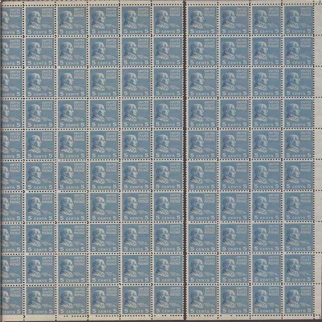US Stamp 1938 5c James Monroe 100 Stamp Sheet MNH Scott #810