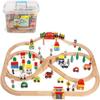 On Track USA Wooden Train Set 100 Piece All in One Wooden Toy Train Tracks Set with Magnetic Trains and Railway Accessories, Comes in A Clear Container, Compatible with All Major Brands view 1