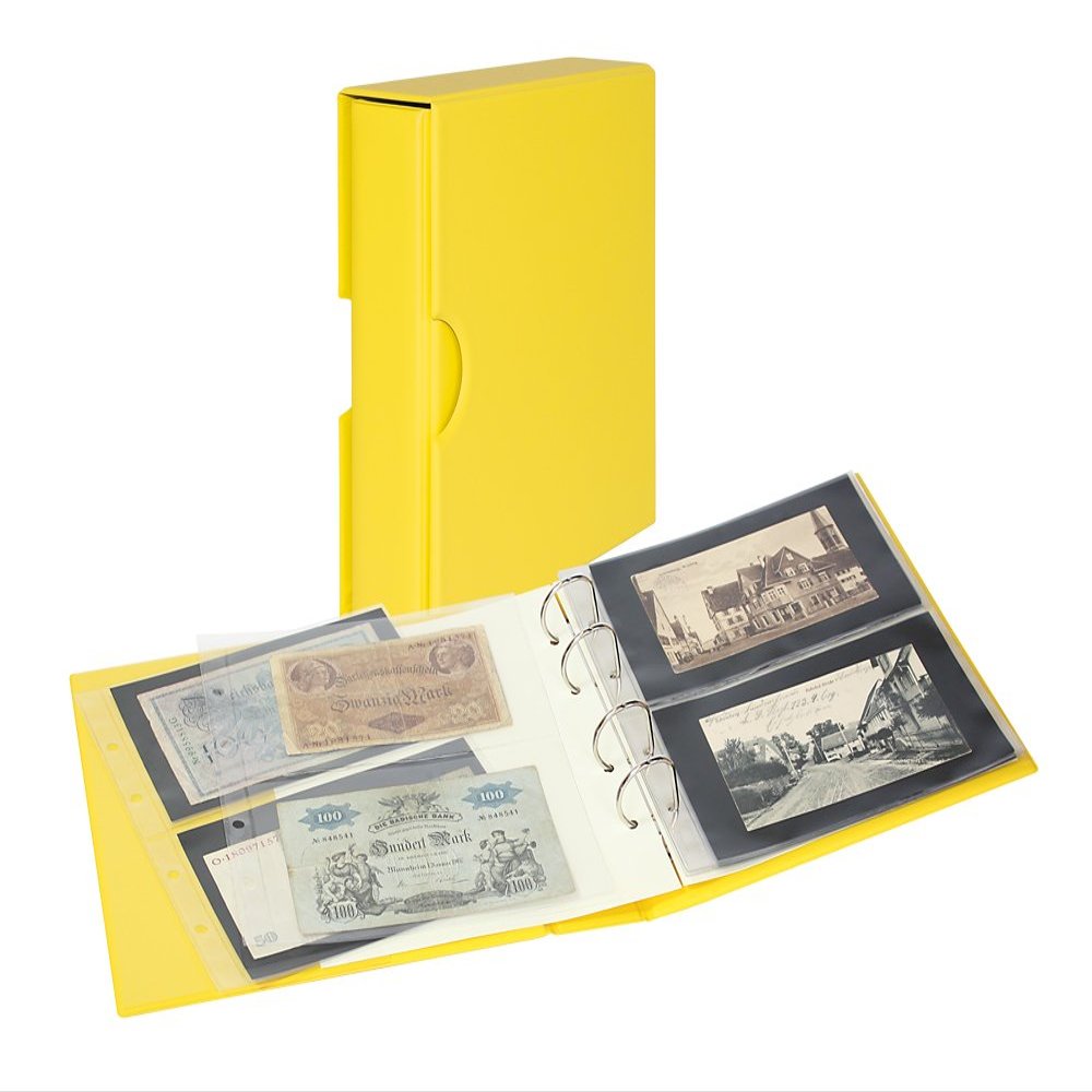 Lindner S3542BN-9 PUBLICA M COLOR Banknotenalbum mit 10 beidseitig bestckbaren Folienblttern in zwei Ausfhrungen-Solino (gelb) - mit passender Schutzkassette