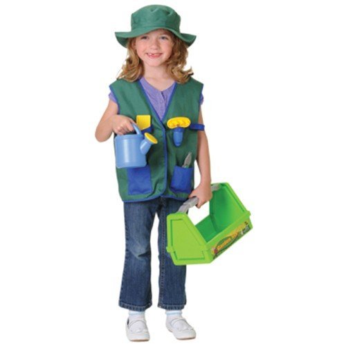Constructive Playthings Gardener Classroom Career Outfit and 17-Piece Kids Gardening Set with Kids Yard Tools, Hook and Loop Closures, Toddler Costume for 3 Years Plus