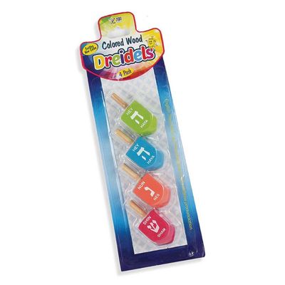 Zion Judaica 4 Pack Colored Wood Dreidels for Chanukah Medium Sized Hanukkah Wooden Tops Multi-Color Wooden Dreidal Set of 4 Hanukah Spinning Tops