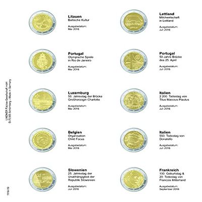 Lindner 1118-19 Printed page for 2 Euro commemorative coin:Lithuania May 2016 up to France September 1016
