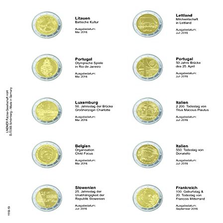 Lindner 1118-19 Printed page for 2 Euro commemorative coin:Lithuania May 2016 up to France September 1016