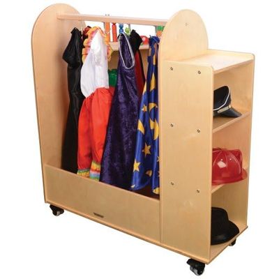 Constructive Playthings Rolling Mobile Wooden Dress-Up Cart for Children with Mirror and Hooks, Durable Classroom Furniture for Schools, Daycares & Learning Spaces