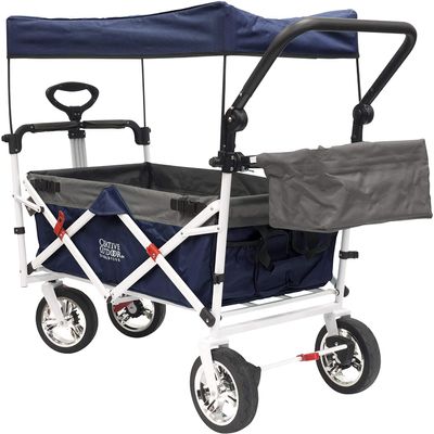 Creative Outdoor Collapsible Stroller Wagon with Seat Belts & Adjustable Handle  Foldable Utility Cart with Removable Canopy for Kids, Gear & Travel  Ideal for Beach, Park & Outdoor Fun - Navy Blue