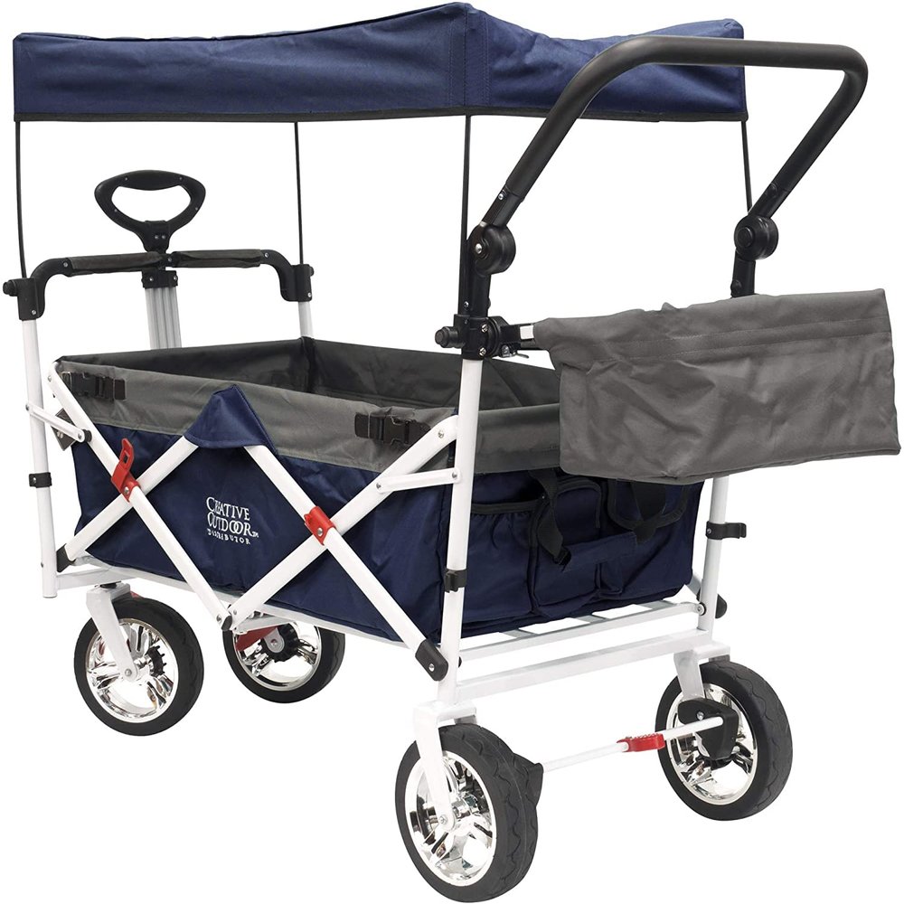 Creative Outdoor Collapsible Stroller Wagon with Seat Belts & Adjustable Handle  Foldable Utility Cart with Removable Canopy for Kids, Gear & Travel  Ideal for Beach, Park & Outdoor Fun - Navy Blue