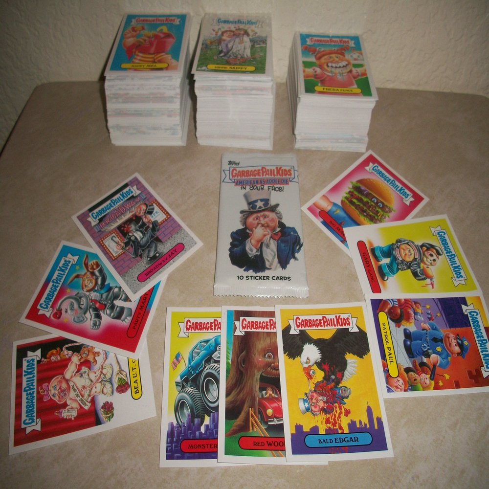 2016 GARBAGE PAIL KIDS -AMERICAN AS APPLE PIE- LOT OF THIRTY DIFFERENT STICKERS + 2 CEREAL KILLER STICKERS.