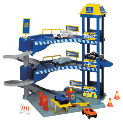 Dickie Toys - Rescue Station-Garage Available in Two Models: Police or Firefighters, with Manual Lift and Two Vehicles, Suitable from 3 years old