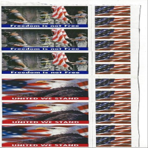 3 "Freedom is Not Free" & 3 "United We Stand" Stamps plus , 12 Smaller American flage Stamps