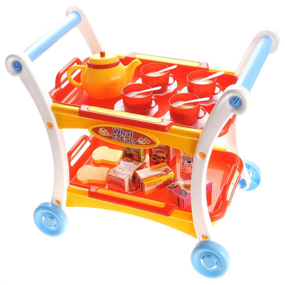 PowerTRC Tea Set Toy for Little Girls, Tea Trolley Cart w/ Tea Pots Cups Accessories, Tea Party Kitchen Pretend Play Set Gifts for Kids Toddlers Toys