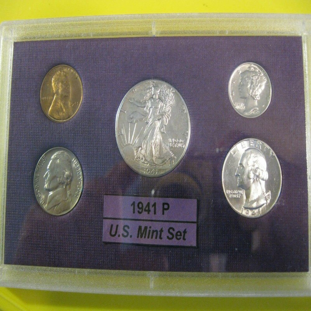 1941 BIRTH YEAR COIN SET- 5 COINS- HALF DOLLAR, QUARTER, DIME, NICKEL, AND CENT, ALL DATED 1941 AND ENCASED IN PLASTIC HOLDER- THESE COINS WILL BE AS GOOD OR BETTER THEN THE PICTURE-