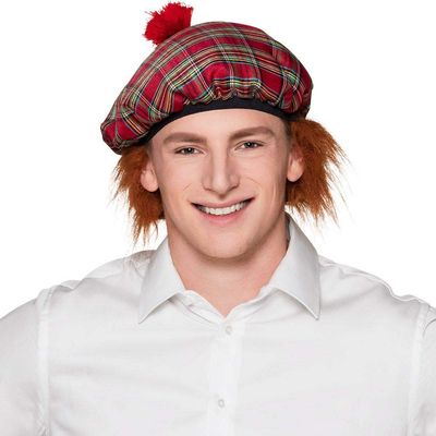 Boland 81223 Mr Tartan Beret, Red Checked, with Tassels and Hair, Elastic Band, Tartan Cap, Hat, Scotland, Highlands, Costume, Carnival, Theme Party