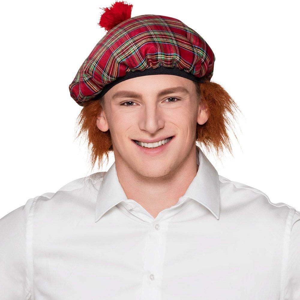 Boland 81223 Mr Tartan Beret, Red Checked, with Tassels and Hair, Elastic Band, Tartan Cap, Hat, Scotland, Highlands, Costume, Carnival, Theme Party