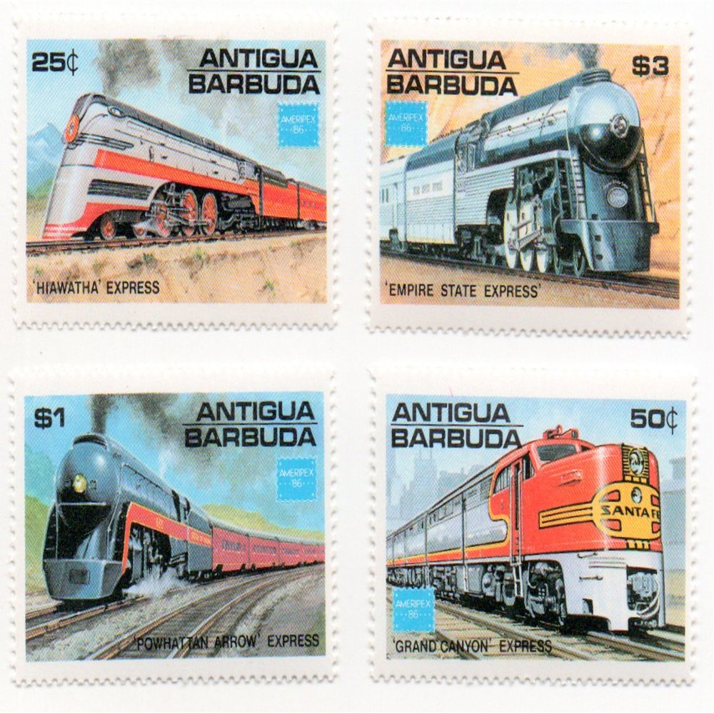 Antigua & Barbuda Postage Stamp Set 1986 Train Railway Issue Ameripex 86 Scott #944-947