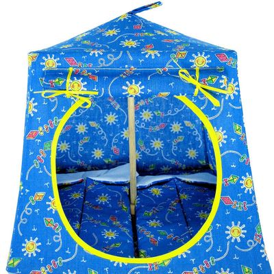 Toy Pop Up Play Fabric House, 2 Sleeping Bags, Light Blue with Kite and Sun Print Fabric for Dolls, Stuffed Animals