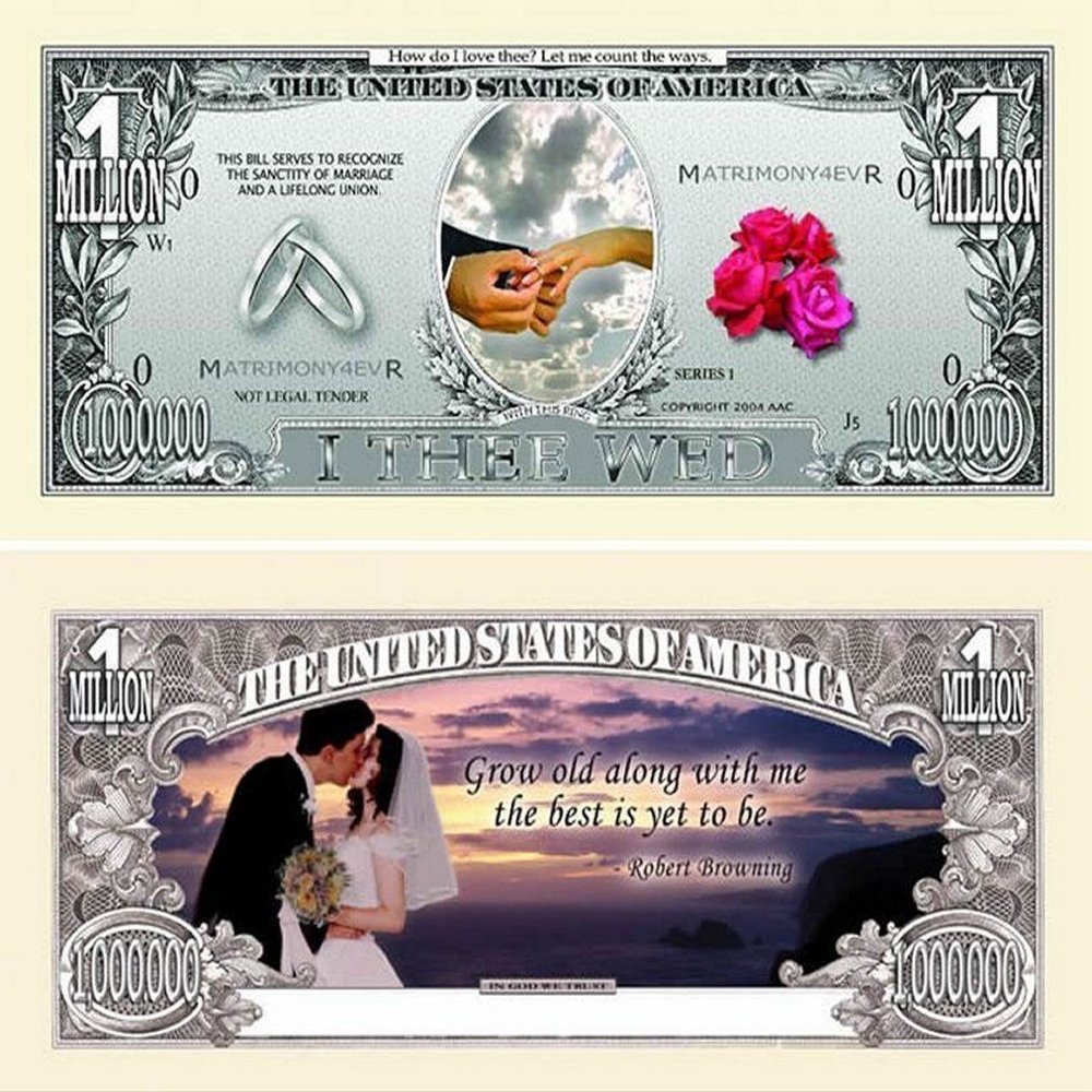 100 Wedding Million Dollar Bills with Bonus Thanks a Million Gift Card Set