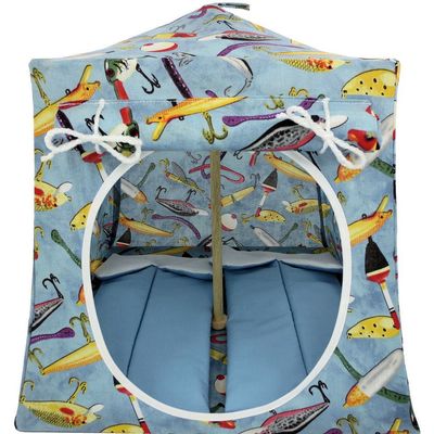 Toy Play Pop Up Camping Tent, 2 Sleeping Bags, Dusty Blue, Fishing Lure Print for Dolls, Stuffed Animals, Action Figures
