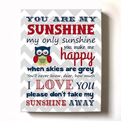 Adorable You are My Sunshine Bedtime Story Rhyme - Woodland Owl Design - Stretched Canvas Nursery Wall Art Decor - Baby Gift idea - Wooden Frame Construction - Ready to Hang 8X10