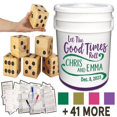 25 games. Custom PERSONALIZED bucket & Giant outdoor dice set. Yardzee Farkle scorecards. Premium keepsake for family, or wedding gift. All Ages lawn game. Jumbo handmade wood dice.