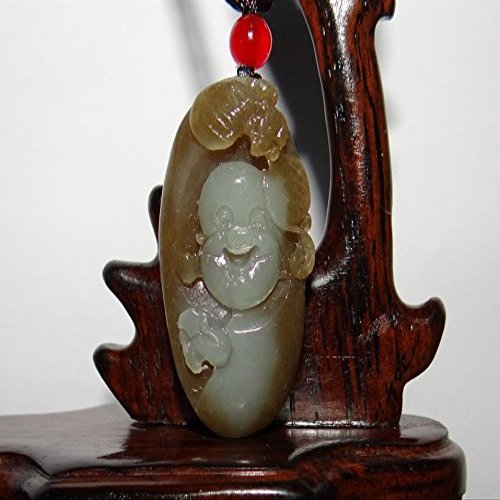 1.6" China Certified Nature Hetian Nephrite Jade Fine Carved Blessing Buddha and Bat Pendant