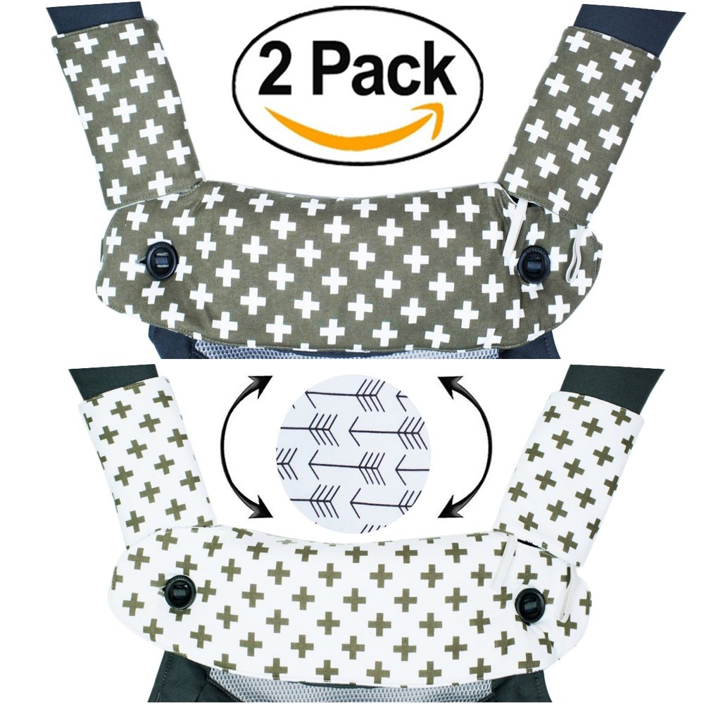 Mila Millie Premium 2 Packs Drool and Teething Reversible Cotton Pad - Fits Ergobaby Four Position 360 and Most Baby Carrier - White Cross Gray Design - Hypoallergenic