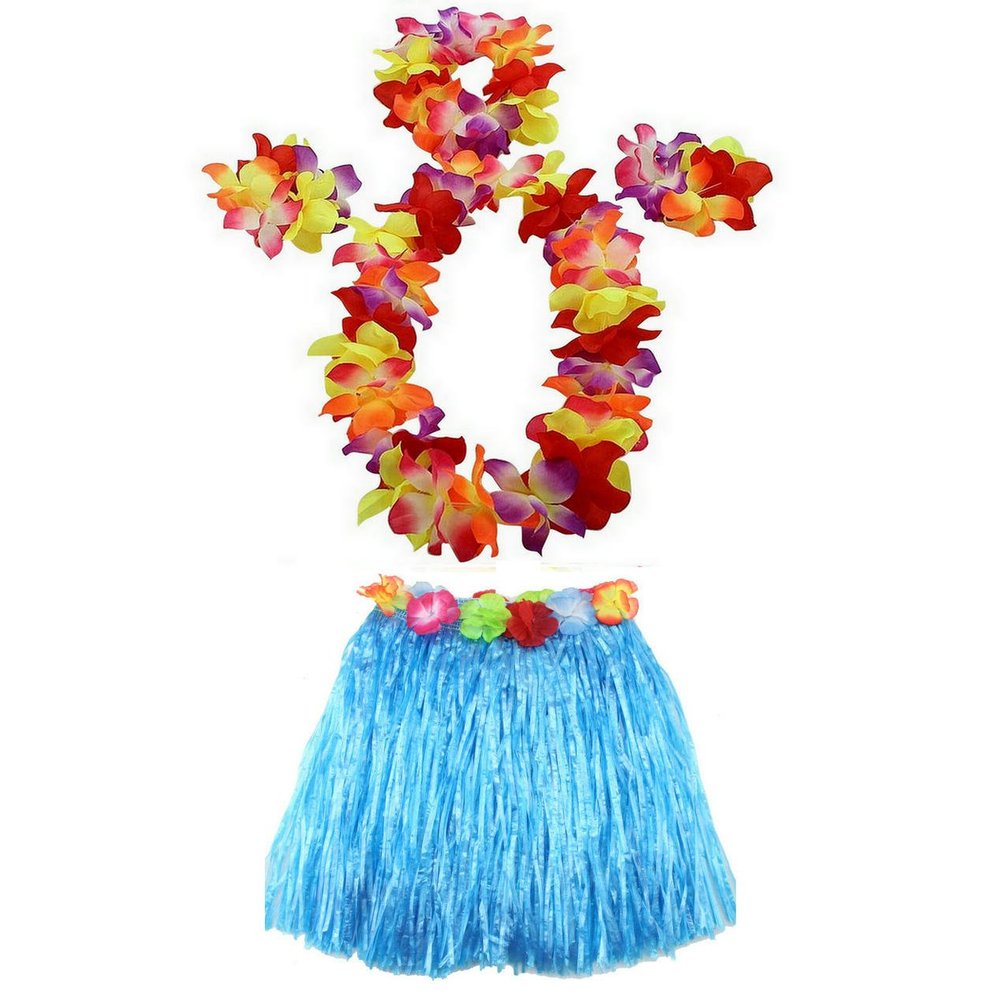 1 Set 40cm Kids Party Hawaii Dress Hula Grass Skirt - Double Layer Thickened HawaiiSkirt for Luau Party Decorations Supplies Blue