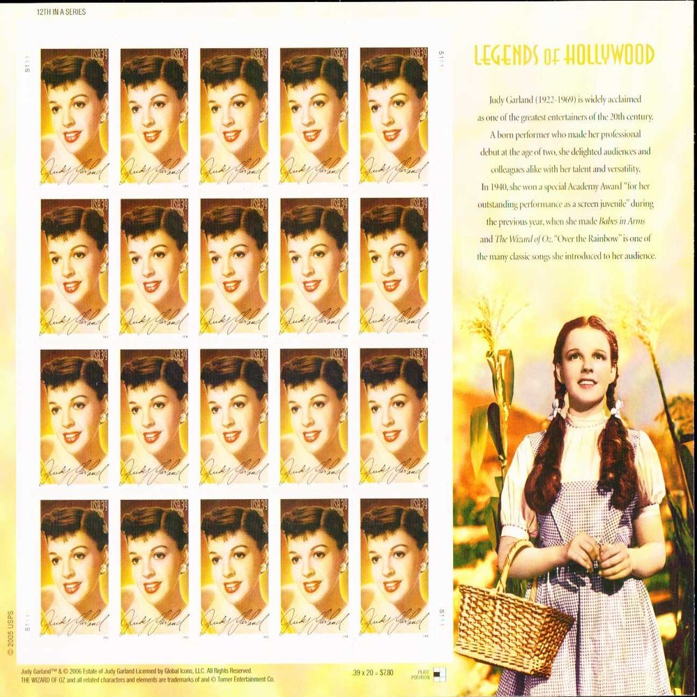 United States Scott 4077 39c Judy Garland Legends of Hollywood Complete Pane of 20. Mint never hinged.