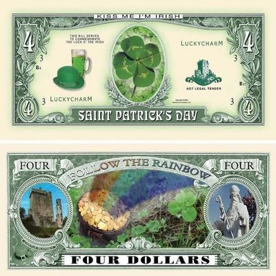 100 Saint Patrick Four Dollar Bill with Bonus Thanks a Million Gift Card Set