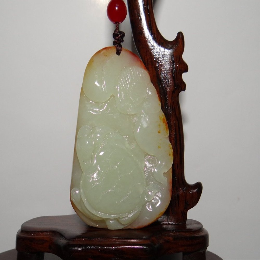 2.4"China Certified Nature Hetian Nephrite Jade Blessing Turtule and Bat Pendant
