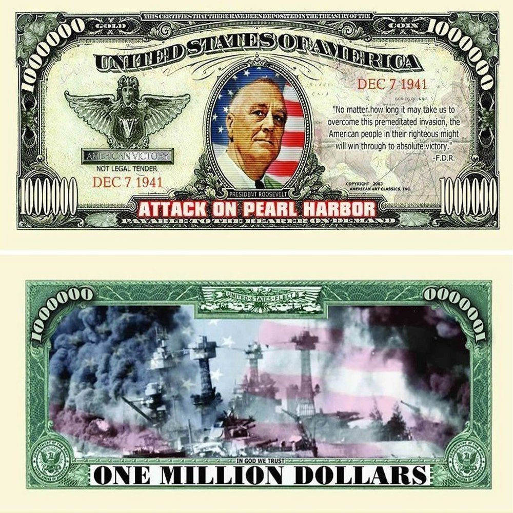 100 Pearl Harbor Million Dollar Bills with Bonus Thanks a Million Gift Card Set