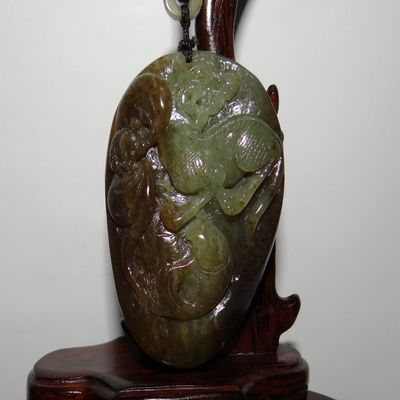 2.8" China Certified Nature Hetian Nephrite Jade Fukurokuju Kylin and Bat Pendant