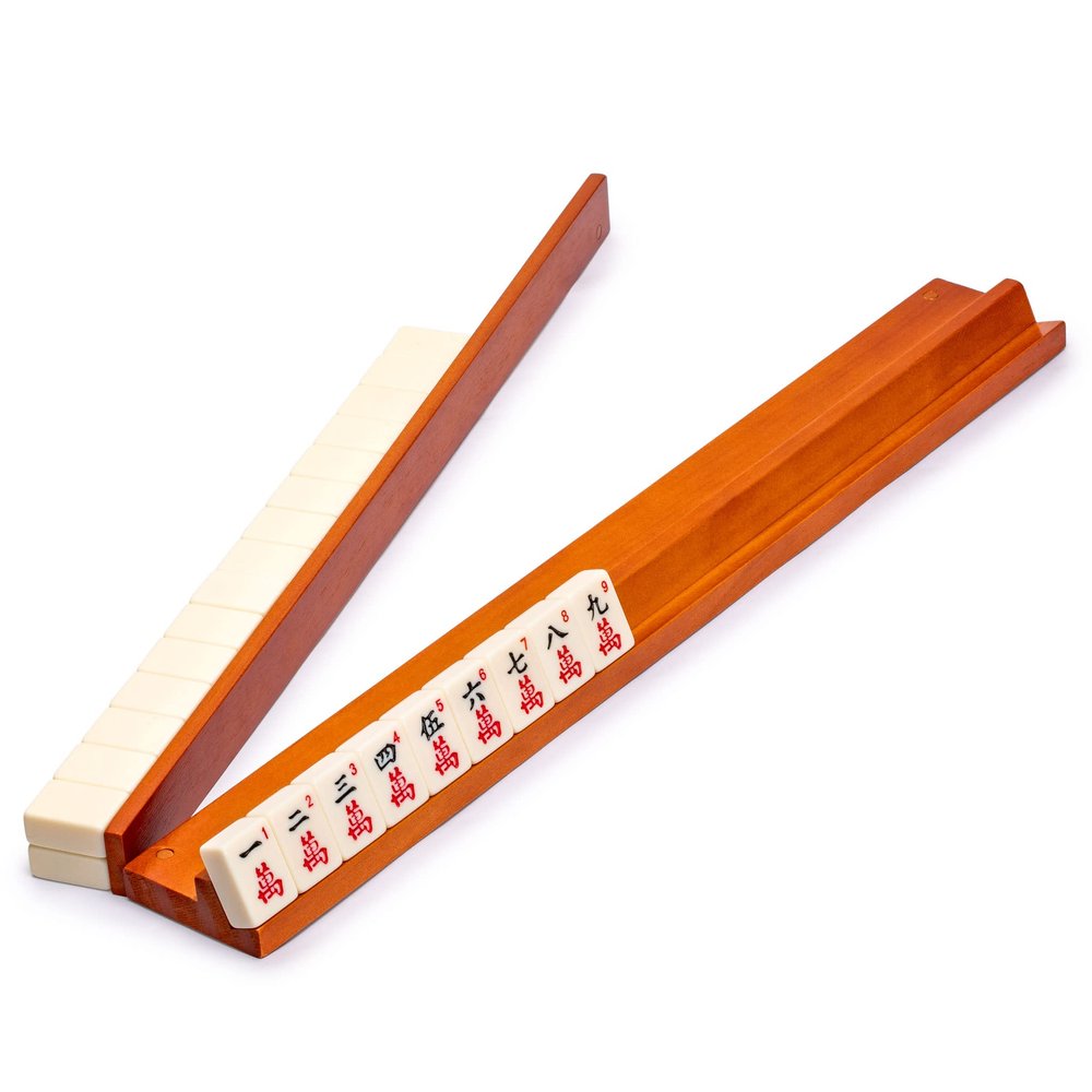 Yellow Mountain Imports 18-Inch Dark Pine Wooden Mahjong Game Racks with Built-in Pushers - Set of 4
