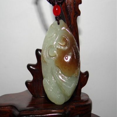 1.8" China Certified Nature Hetian Nephrite Jade Fine Carved Fortune Fish and Lotus Pendant