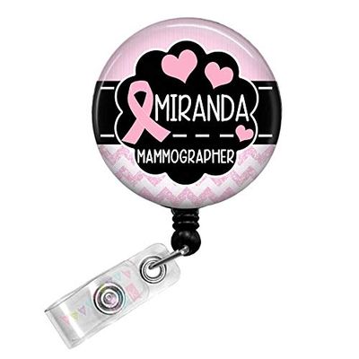 Mammographer - Personalized - Pink Chevron - Breast Cancer Ribbon - Button Badge Reel - BR0463
