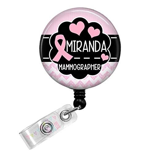 Mammographer - Personalized - Pink Chevron - Breast Cancer Ribbon - Button Badge Reel - BR0463