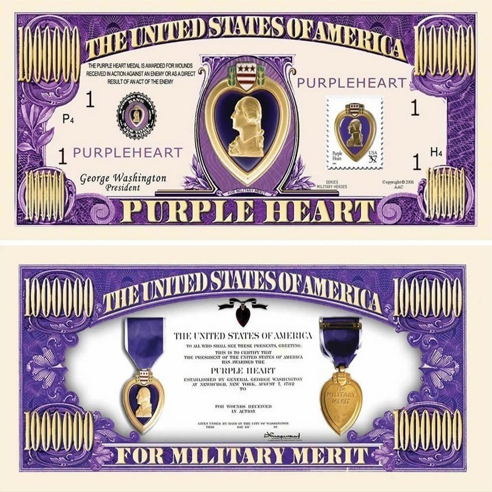 100 Purple Heart One Million Dollar Bills with Bonus Thanks a Million Gift Card Set