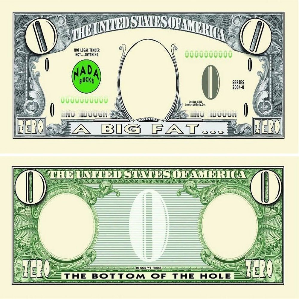 100 Big Fat Zero Dollar Bills with Bonus Thanks a Million Gift Card Set