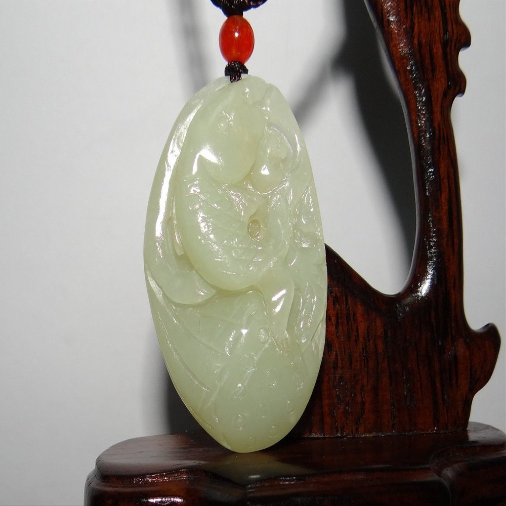 1.9" China Certified Nature Hetian Nephrite Jade Fine Carved Wealth Fish and Lotus Pendant