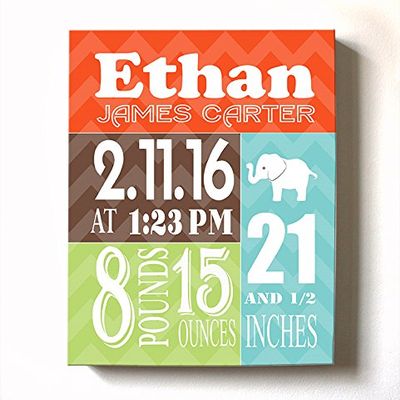 Personalized Stretched Canvas Birth Announcement Gift, Custom Baby Name, Date, Weight Stats, Newborn Elephant Nursery Wall Art Decor, Wooden Frame Construction, Ready to Hang 8X10
