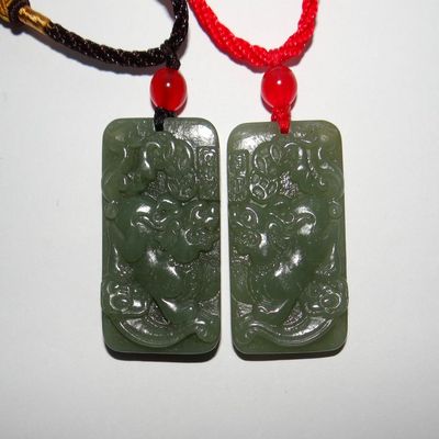 1.7"China Certified Nature Hetian Nephrite Jade Wealth Pixiu Pair Plate Pendants 9565